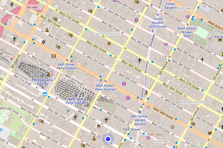 Map showing 115 West 30th Street in Chelsea