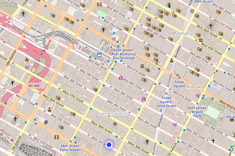Map showing 213 West 35th Street in Penn Plaza