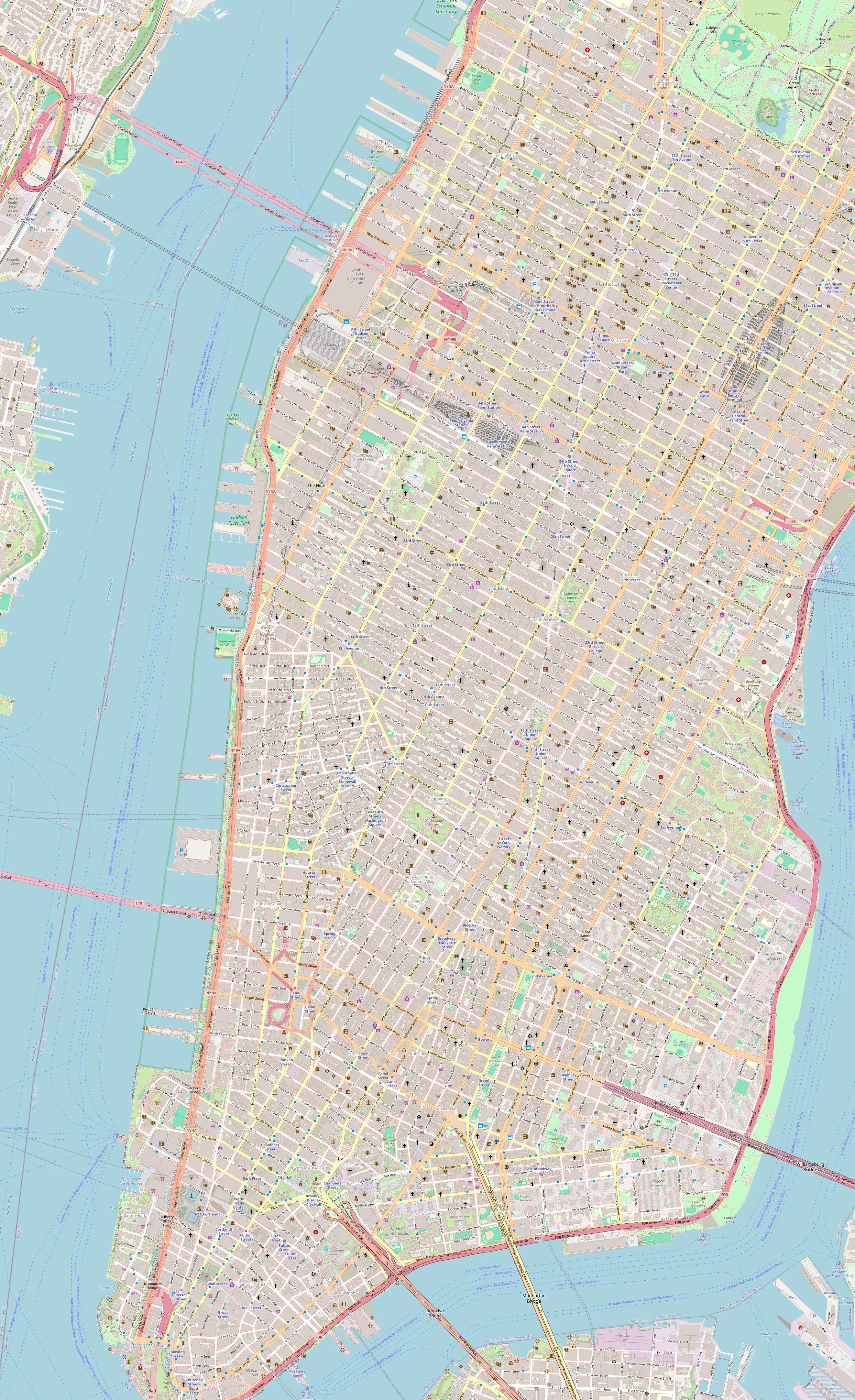 Map of 49 available offices across Manhattan